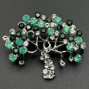 Silver with Green Opal Emerald and Diamond Crystal Blooming Tree Pin Back Brooch